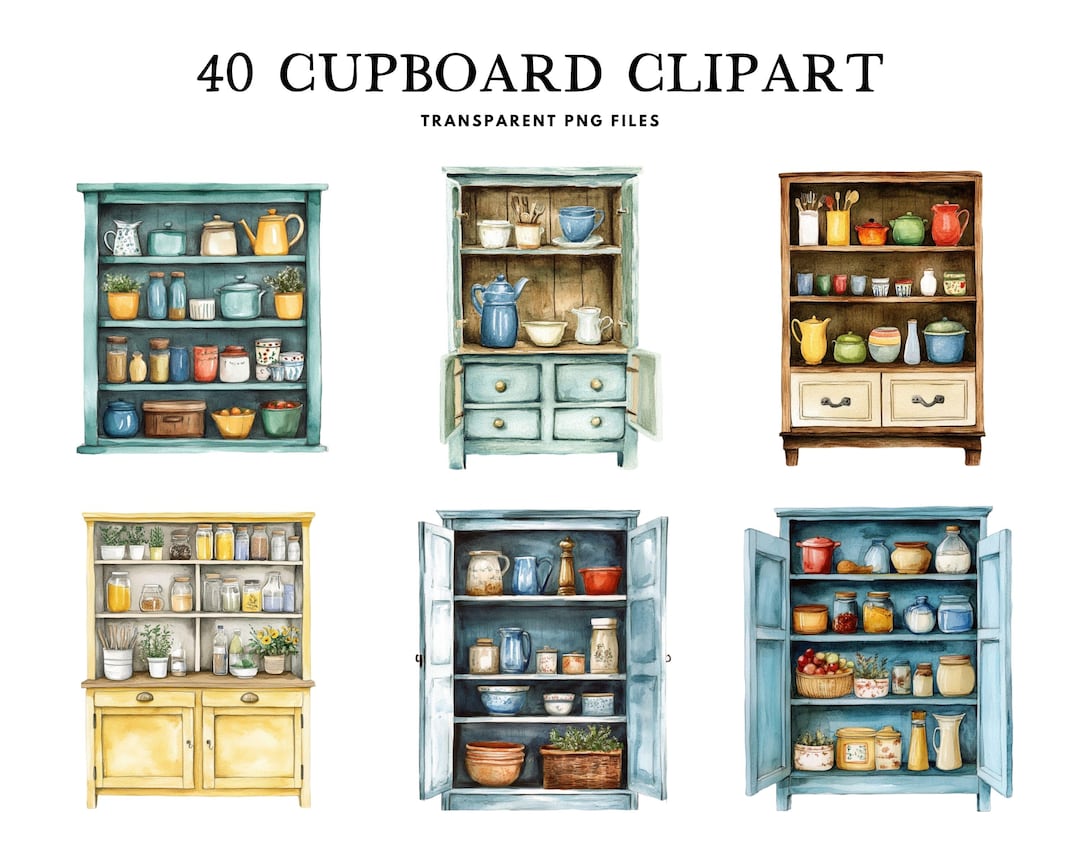 Watercolor Cupboard Clipart Bundle, Cupboard Png, Kitchen Clip Art ...