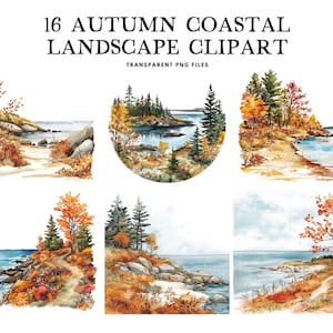Watercolor Autumn Coastal Landscape Clipart, Png Bundle, Clip Art, Fall Illustration Design, Sea, Seaside, Beach, Ocean, Digital Download