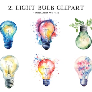 Könnte beinhalten: Aquarell-Clipart mit sechs Glühbirnen mit verschiedenen Designs. Die Glühbirnen sind in leuchtenden Farben wie Blau, Rot, Gelb und Grün mit Aquarellspritzern gemalt. Der Text "21 LIGHT BULB CLIPART" steht oben.