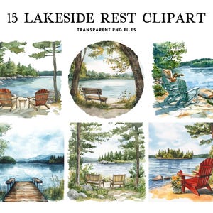 Watercolor Lakeside Rest Clipart, Png Bundle, Lake Clip Art, Landscape Illustration, Design, Scene, View, Nature, Instant Digital Download