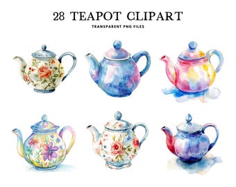 Watercolor Teapot Clipart, Png Bundle, Tea Clip Art, Decor Illustration, Mug Design, Cup, Floral, Flower, Vintage, Instant Digital Download