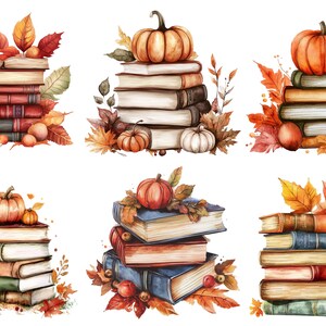 May include: Watercolour illustrations of stacks of books decorated with pumpkins and autumn leaves. The books are in various colours, with orange, brown, and green hues. The pumpkins are orange and white, and the leaves are in shades of red, orange, and yellow.