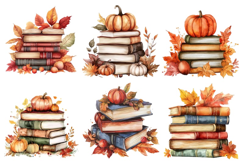May include: Watercolour illustrations of stacks of books decorated with pumpkins and autumn leaves. The books are in various colours, with orange, brown, and green hues. The pumpkins are orange and white, and the leaves are in shades of red, orange, and yellow.