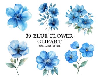 Watercolor Blue Flower Clipart Bundle, Blue Flower Png, Floral Clip Art, Flower Illustration, Blue Floral Design, Instant Digital Download