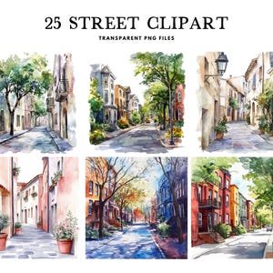 Clipart rue aquarelle, fichier PNG, clipart paysage, illustration urbaine, design de la ville, usage commercial gratuit, téléchargement immédiat