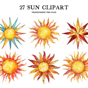 Watercolor Sun Clipart, Png Bundle, Summer Clip Art,  Illustration, Design, Free Commercial Use, Instant Digital Download