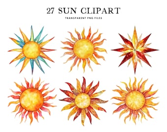 Watercolor Sun Clipart, Png Bundle, Summer Clip Art,  Illustration, Design, Free Commercial Use, Instant Digital Download