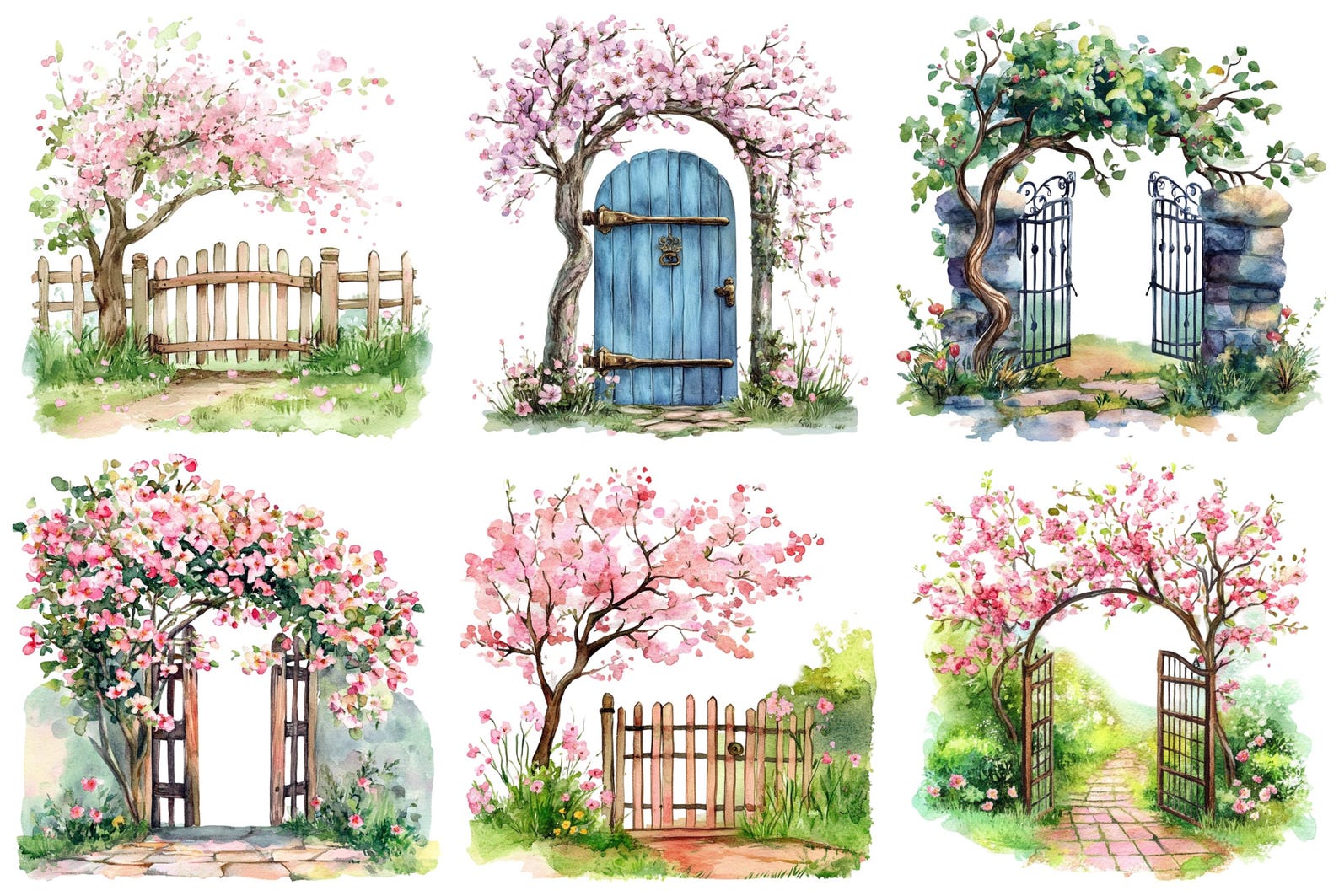 Watercolor Spring Tree Gate Clipart, Png Bundle, Clip Art, Garden Decor ...
