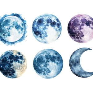 May include: Six watercolor illustrations of different phases of the moon. The moon is depicted in shades of blue, purple, and white.