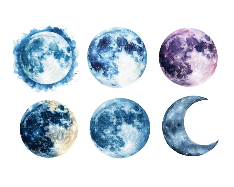 May include: Six watercolor illustrations of different phases of the moon. The moon is depicted in shades of blue, purple, and white.