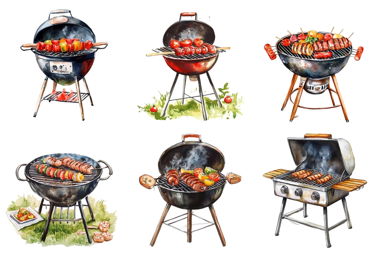 Watercolor Bbq Grill Clipart, Bbq Grill Png Bundle, Bbq Clip Art, Grill ...