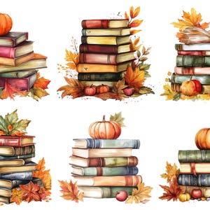 May include: Watercolour illustration of stacks of books with pumpkins and autumn leaves. The books are in various colours, with orange, red, and yellow leaves. A perfect autumn or Thanksgiving theme.