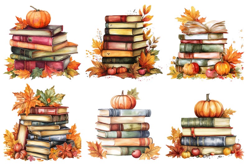 May include: Watercolour illustration of stacks of books with pumpkins and autumn leaves. The books are in various colours, with orange, red, and yellow leaves. A perfect autumn or Thanksgiving theme.