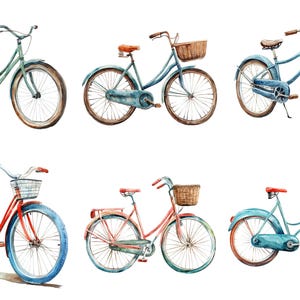 May include: Watercolor illustration of six vintage bicycles in various colors, including teal, red, and blue. Each bike has brown seats and tires, with some featuring baskets. The bikes are painted on a white background.