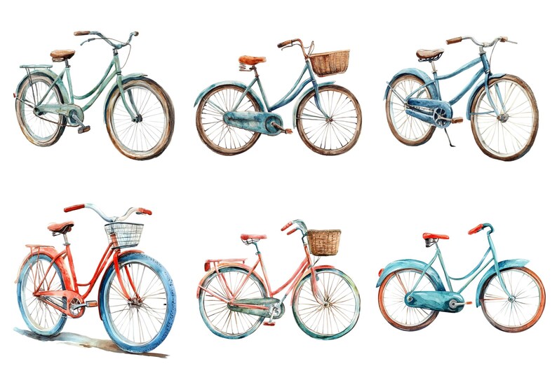 May include: Watercolor illustration of six vintage bicycles in various colors, including teal, red, and blue. Each bike has brown seats and tires, with some featuring baskets. The bikes are painted on a white background.