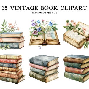 Watercolor Vintage Book Clipart, Png Bundle, Library Clip Art, Reading Illustration, Reader Design, Old Book Lover, Instant Digital Download
