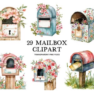 Watercolor Mailbox Clipart Bundle, Mailbox Png, Postbox Clip Art, Vintage Mailbox Illustration, Retro Mailbox Design, Rustic Floral Mailbox