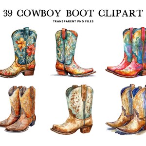 May include: A set of 39 watercolor illustrations of cowboy boots. The boots are in various colors and patterns, including floral, paisley, and abstract designs. The boots are all in a classic cowboy boot style, with a pointed toe and a high heel.
