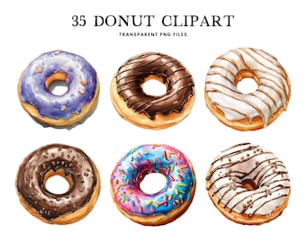 Watercolor Donut Clipart Bundle, Donut Png, Dessert Clip Art, Bakery Illustration, Design, Free Commercial Use, Instant Digital Download