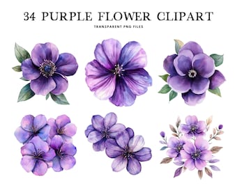 Watercolor Purple Flower Clipart Bundle, Purple Flower Png, Floral Clip Art, Flower Illustration, Purple Floral Design, Digital Download