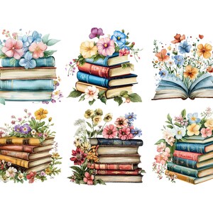 May include: Six watercolor illustrations of stacks of books with colorful flowers surrounding them. The books are in various shades of blue, brown, and red. The flowers are in shades of pink, blue, yellow, and green.