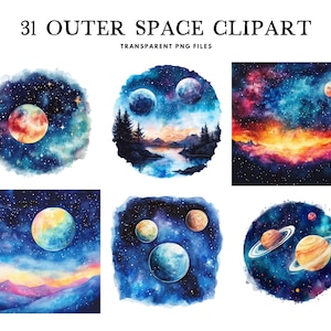 Watercolor Outer Space Clipart, Png Bundle, Clip Art, Cosmic Illustration, Galaxy Design, Astronomy, Planet, Landscape, Night Sky, Midnight