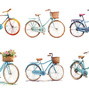 May include: Watercolor illustration of six bicycles in various shades of blue, with brown wicker baskets and seats. Some bikes have flowers in the baskets. The wheels have a rainbow effect. The bikes are set against a white background.
