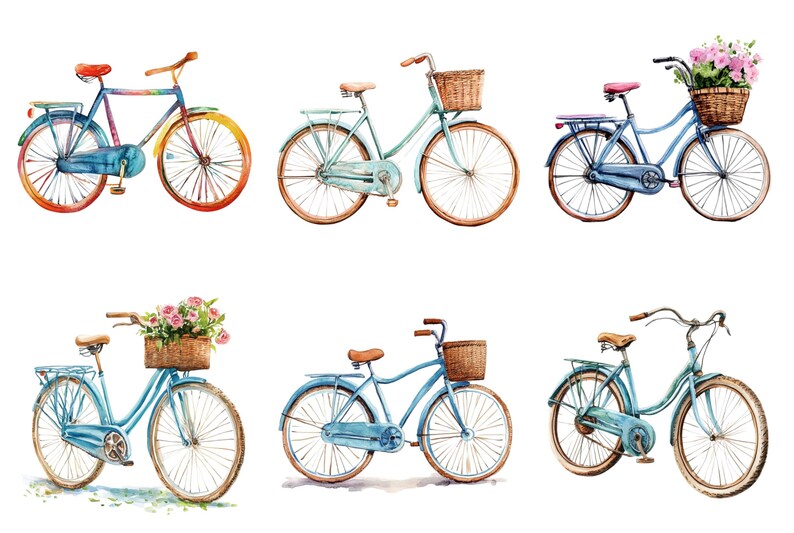 May include: Watercolor illustration of six bicycles in various shades of blue, with brown wicker baskets and seats. Some bikes have flowers in the baskets. The wheels have a rainbow effect. The bikes are set against a white background.