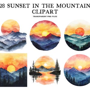 Könnte beinhalten: Aquarell-Clipart-Set mit 28 Sonnenuntergangs-Berglandschaften. Die Bilder zeigen einen lebendigen Sonnenuntergang mit gelber Sonne, orange-rotem Himmel und blau-grünen Bergketten. Der Text "28 SUNSET IN THE MOUNTAIN CLIPART" ist oben zu sehen.