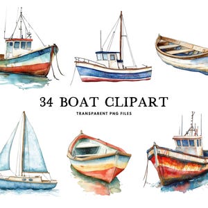 Watercolor Boat Clipart Bundle, Boat Png, Sailboat Clip Art, Nautical Illustration, Fishing Boat Design, Ocean, Sea Instant Digital Download
