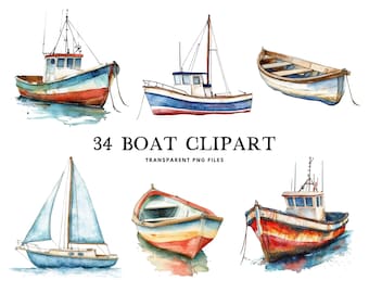 Aquarel boot clipart bundel, boot png, zeilboot illustraties, nautische illustratie, vissersboot ontwerp, oceaan, zee Instant digitale download