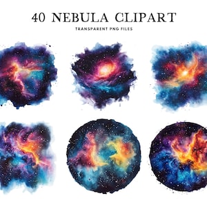 Clipart de nebulosa de acuarela, paquete PNG, clip art espacial, ilustración astronómica, diseño de galaxia, uso comercial cósmico, descarga digital instantánea