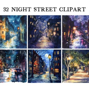 Aquarelle nuit rue des cliparts, Png Bundle, clipart, illustration de paysage, conception, ville, usage commercial gratuit, téléchargement immédiat