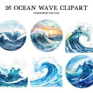 Paquete de imágenes prediseñadas de olas del océano en acuarela, olas del océano PNG, ilustración de imágenes prediseñadas del mar, diseño costero, náutico, surf, playa, descarga digital