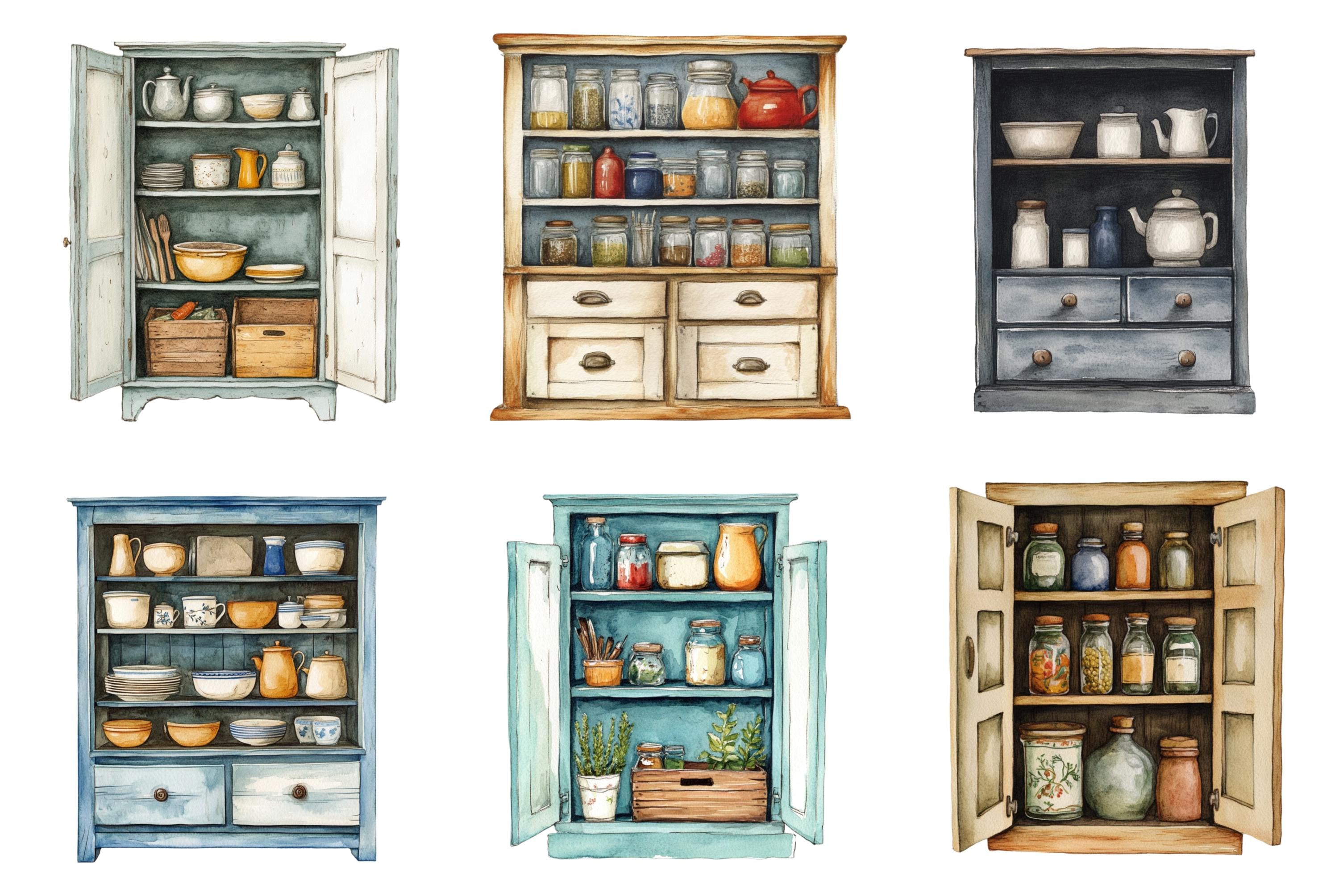 Watercolor Cupboard Clipart Bundle, Cupboard Png, Kitchen Clip Art ...