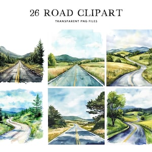 Watercolor Road Clipart, Png Bundle, Landscape Clip Art, Scene Illustration, Empty Design, Highway, Commercial Use, Instant Digital Download