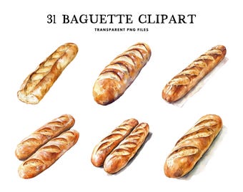 Clipart de baguete em aquarela, Pacote de baguete em PNG, Clip Art de pão, Ilustração de padaria, Design de padeiro, Assado, Download digital para uso comercial