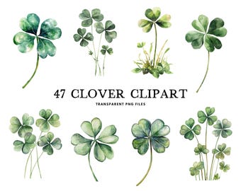 Watercolor Clover Clipart Bundle, Clover Png, Shamrock Clip Art, Four Lead Clover Illustration, Lucky Clover Design, Clover Leaf Green Irish