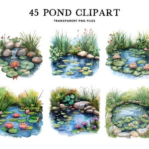 Watercolor Pond Clipart, Png Bundle, Garden Clip Art, Illustration, Landscape Design, Nature, Free Commercial Use, Instant Digital Download