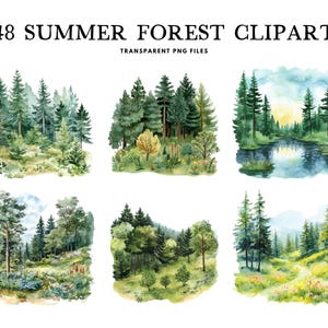 Watercolor Summer Forest Clipart Bundle, Summer Forest Png, Summer Clip Art, Landscape Illustration, Woodland Design, Forest, Nature Scene