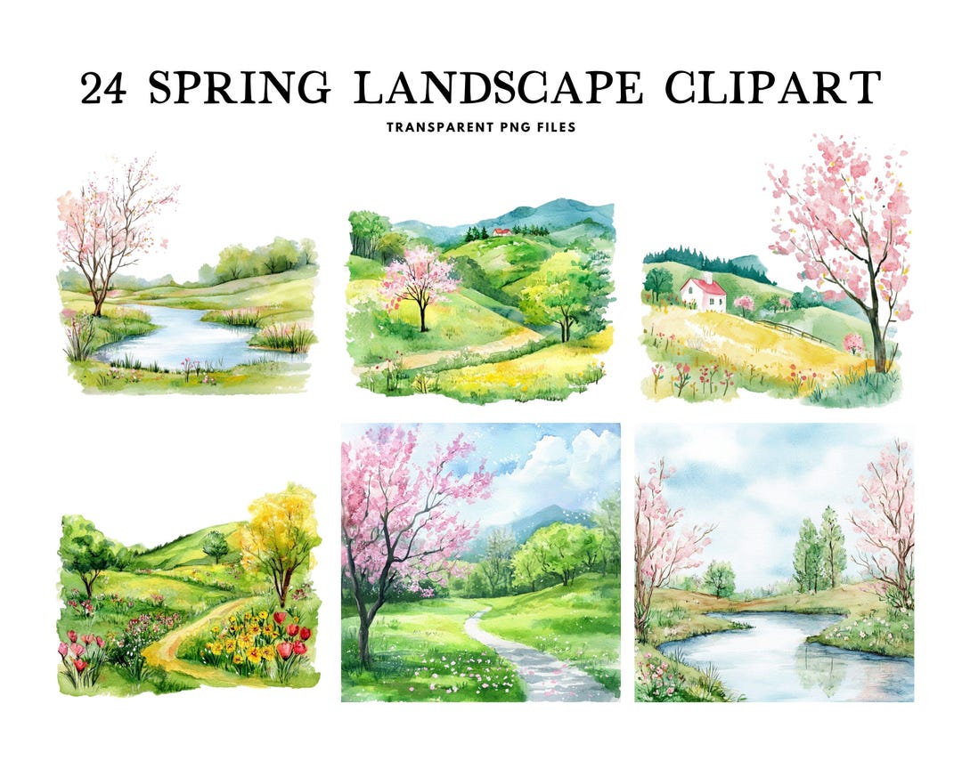 Watercolor Spring Landscape Clipart Bundle, Spring Landscape Png ...
