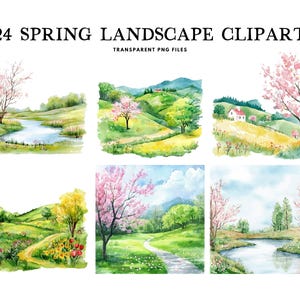 Watercolor Spring Landscape Clipart Bundle, Spring Landscape Png, Spring Clip Art, Scenery Illustration Nature Design Woodland Flowers Trees