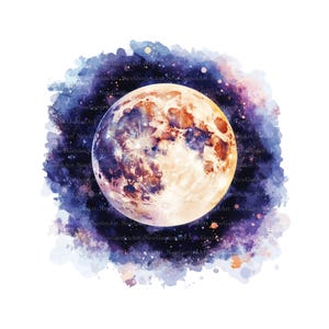 May include: A watercolor painting of a full moon in a galaxy with purple, blue, and pink hues. The moon is a pale yellow with brown and orange markings.