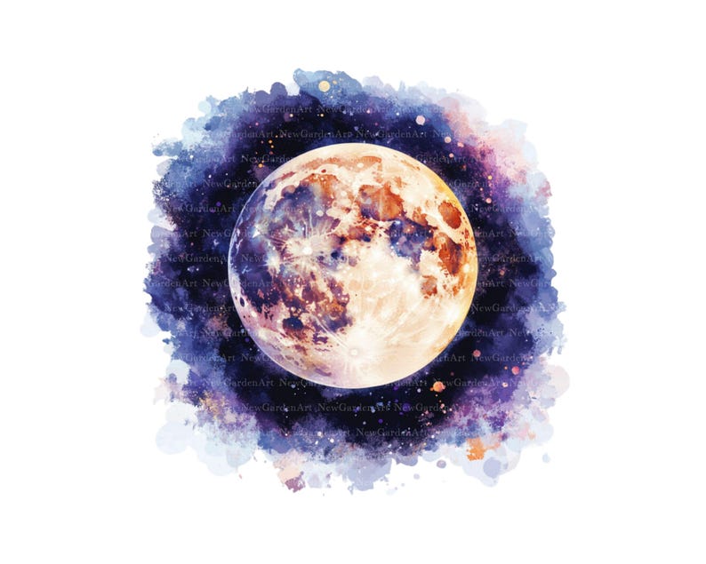 May include: A watercolor painting of a full moon in a galaxy with purple, blue, and pink hues. The moon is a pale yellow with brown and orange markings.