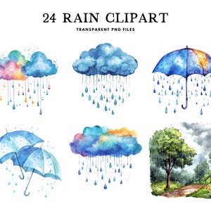 Puede incluir: Un conjunto de 24 ilustraciones de acuarela de nubes de lluvia, gotas de lluvia y paraguas. Las ilustraciones son perfectas para agregar un toque de fantasía a tus diseños.