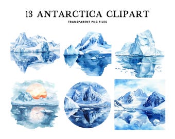 Watercolor Antarctica Clipart, Antarctica Png Bundle, Landscape Clip Art Illustration, Iceberg Design, Polar Region Instant Digital Download