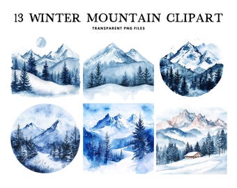 Watercolor Winter Mountain Clipart, Png Bundle, Clip Art Landscape Illustration Design, Forest, Nature, Camping, Instant Digital Download