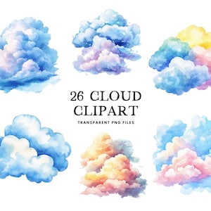 Watercolor Cloud Clipart Bundle, Cloud Png, Sky Clip Art, Cute Illustration, Dreamy Design, Celestial, Free Commercial Use, Digital Download