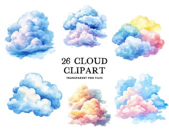 Paquete de imágenes prediseñadas de nubes de acuarela, nubes PNG, imágenes prediseñadas de cielo, ilustración linda, diseño de ensueño, celestial, uso comercial gratuito, descarga digital
