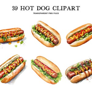 Clipart de cachorro-quente em aquarela, pacote de PNG, clipart de fast food, ilustração, design, uso comercial gratuito, download digital instantâneo